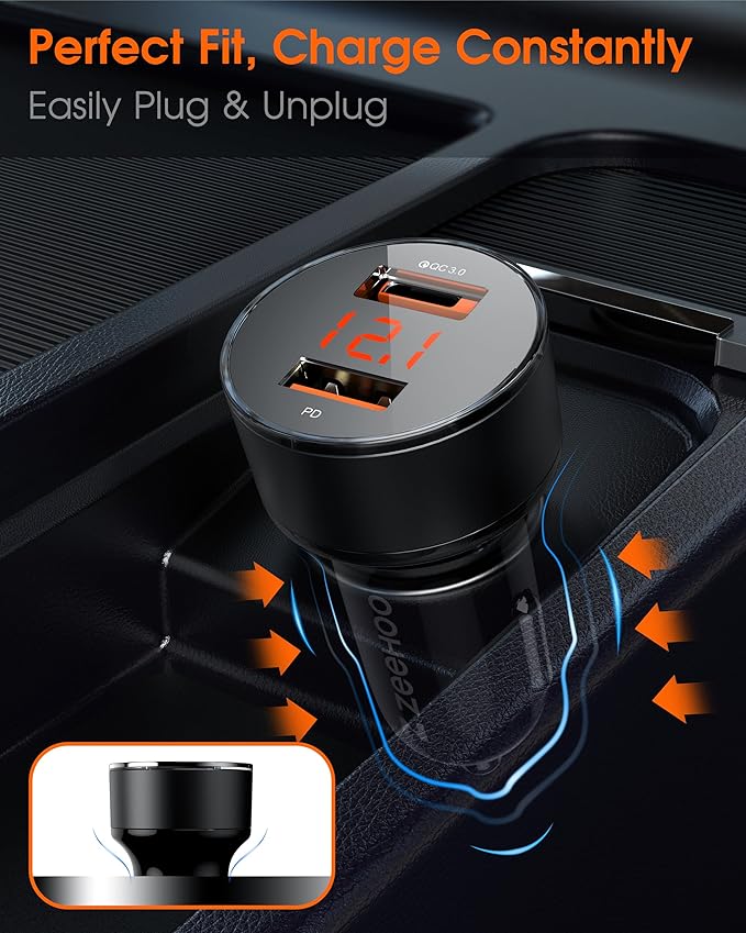 Car Charger Adapter, ZeeHoo USB C Car Charger QC 3.0&PD Dual Port 45W Fast Charging for Apple iPhone 14 13 12 11 Pro Max, Samsung Galaxy S23 Ultra/S22/Z Fold4 Flip 4/S21/Note20/Pixel/LG