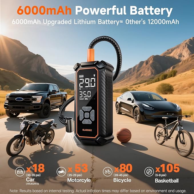 OlarHike Cordless Tire Inflator Portable Air Compressor, 150PSI Dual Power_6000mAh & 12V DC, Air Pump for Car Tires, Bike, Motorcycle, with LED & Digital Pressure Gauge, Gifts for Men & Women