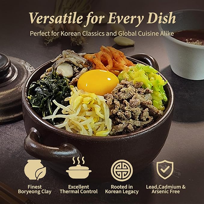 DDasiBowl - Korean Stone Bowl (34oz) Clay Pot for Cooking Korean Dishes - Brown, Large, Rustic Style - Dolsot, Ttukbaegi, Onggi, Kimchi Stone Donabe - With Lid