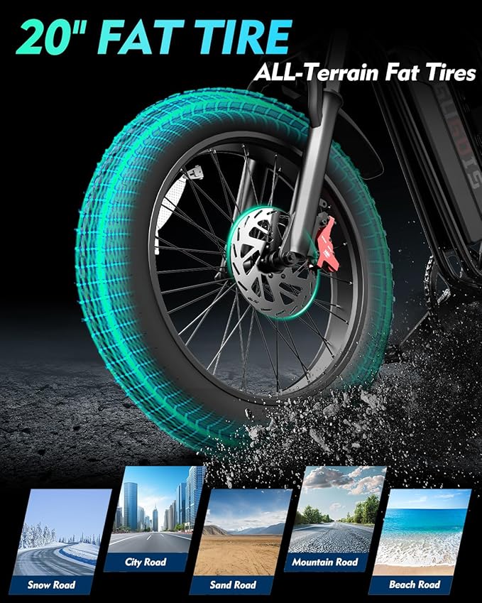 Electric Bike for Adults, 1000W/3000W Peak, 20"-26" Fat Tire Electric Dirt Bike, 48V 15.6Ah/23Ah Battery, Up to 30-35MPH & 45-60 Miles, Full Suspension, Dual Disc Brakes, 7-Speed All-Terrain E-Bike