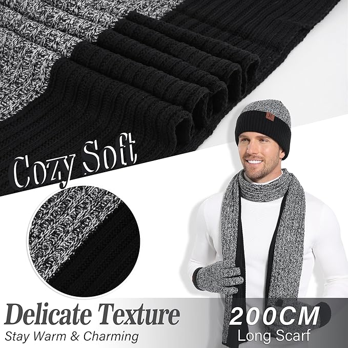 FZ FANTASTIC ZONE Mens Winter Knit Hat Beanie Long Neck Scarf Touchscreen Gloves Set Fleece Skull Caps Gifts for Men Women