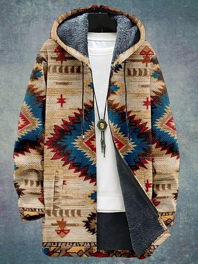 2025 Men's Ethnic Pattern Hooded Jacket Long Cardigan Hoodies Full Zip Vintage Knitted Zipper Coat with Pocket