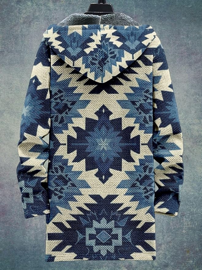 2025 Men's Ethnic Pattern Hooded Jacket Long Cardigan Hoodies Full Zip Vintage Knitted Zipper Coat with Pocket