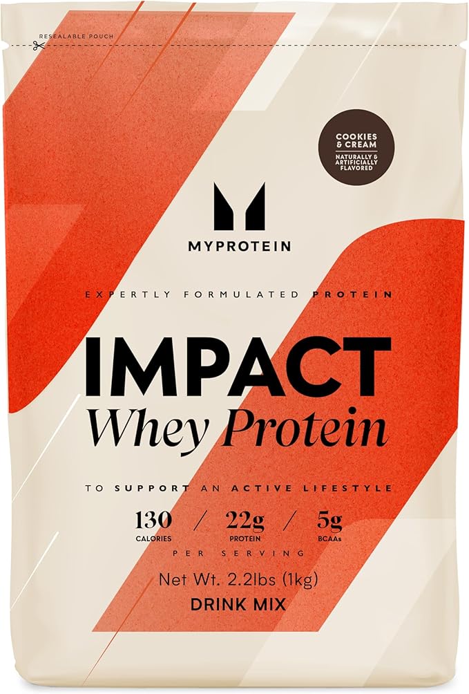 Myprotein Impact Whey Protein Powder, 2.2 Lbs (32 Servings) Cookies & Cream, 22g Protein & 5g BCAA Per Serving, Protein Shake for Superior Performance, Muscle Strength & Recovery, Gluten Free