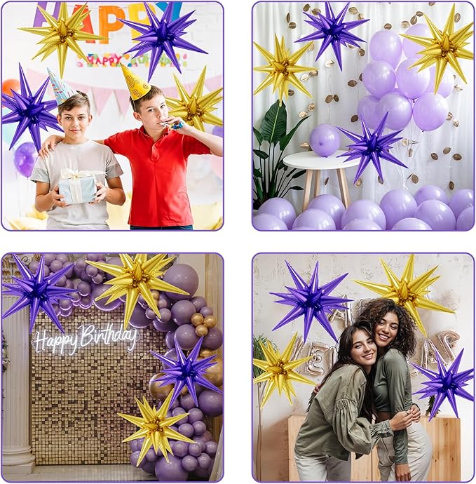 6PCS Star Balloons, 22Inch Large Purple Gold Star Balloon Explosion Foil Balloons Cone Spike Balloon for Birthday Graduation Wedding Anniversary Party Backdrops Decorations