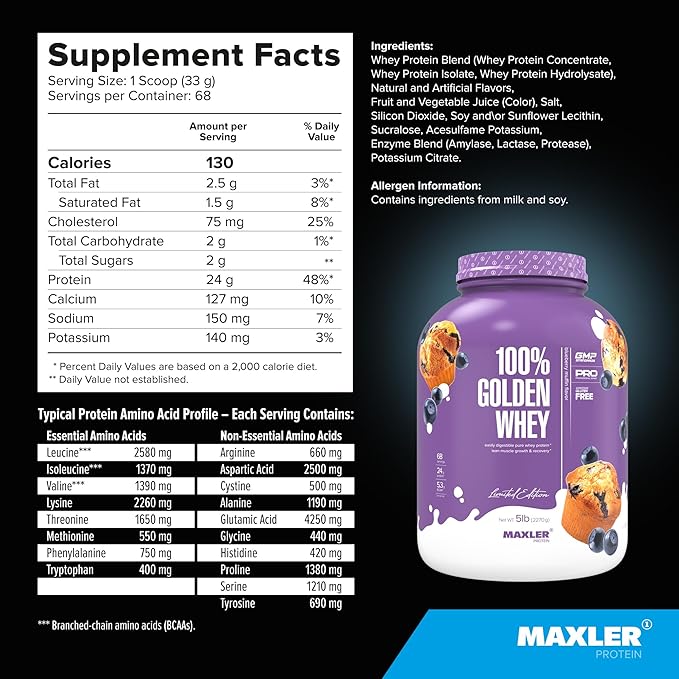 Maxler 100% Golden Whey Protein - 24g of Protein per Serving - Whey Protein Powder for Pre Post Workout - Fast-Absorbing Whey Concentrate, Isolate & Hydrolysate Blend - Blueberry Muffin 5 lb