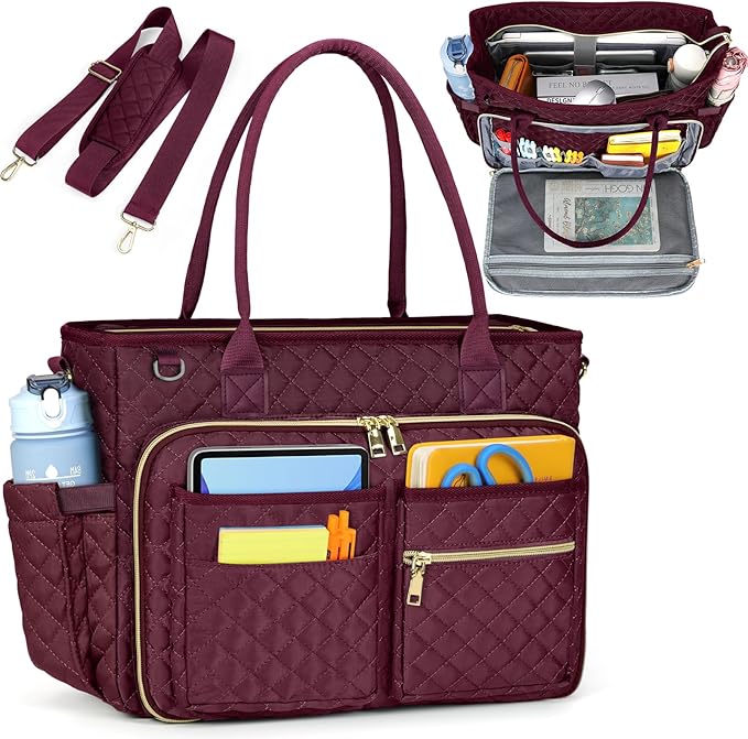 RAINSMORE Teacher Tote Bag 15.6 inch Laptop Bag for Women Work Bags Laptop Tote Nurse Bag Professional Computer Messenger with Insulated Pocket, Laptop Briefcase for Office, College, Nursing, Wine