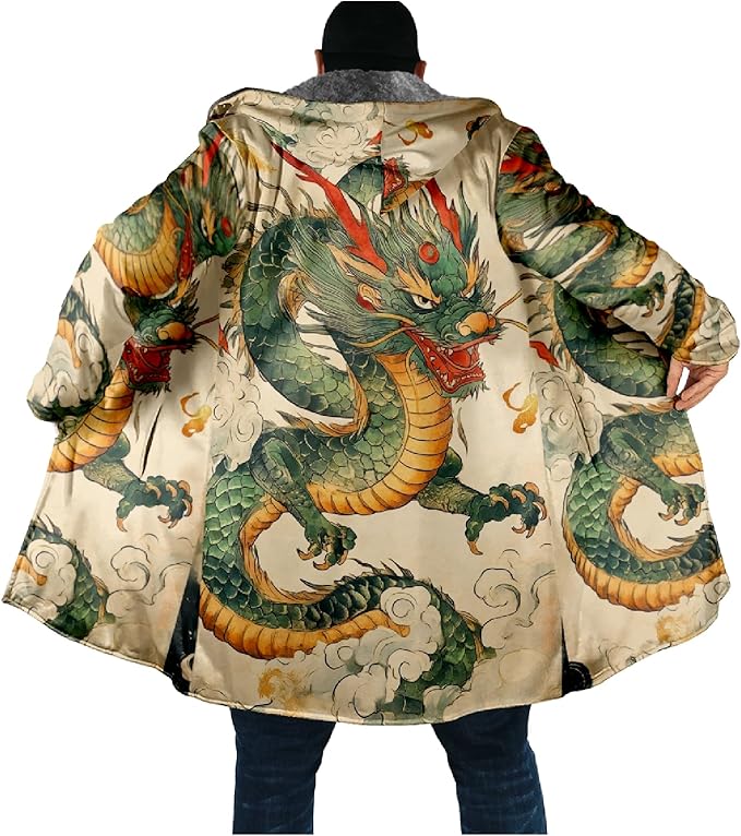 Mens Hooded Cardigan Japanese Art Zip Up Long Sleeve Sweater Hoodie Dragon Print Coat with Pockets