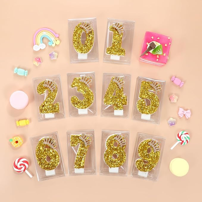 Gold Birthday Candle Crown Number 7 Candle with Sequins Cake Candles Cupcake Decorations Party Decor for Anniversary Celebrations Supplies