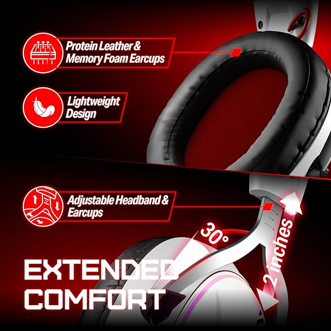 OXS Storm G2 Wireless Gaming Headsets, 7.1 Virtual Surround Sound, 3 EQ Modes, 2.4G Low Latency, 50mm Driver, 40H Playtime, RGB Light, Bluetooth 5.3, Compatible with PC, Console, Mobile, White