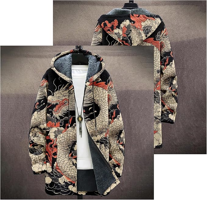 Mens Hooded Cardigan Japanese Art Zip Up Long Sleeve Sweater Hoodie Dragon Print Coat with Pockets