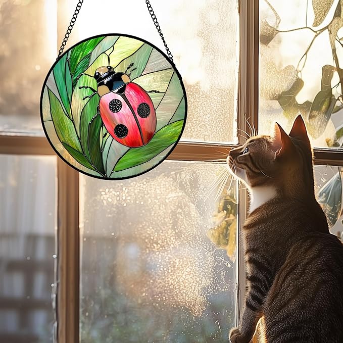 Stained Glass Window Hanging 4 Pcs Set Pink Green Insect Theme 6.3" - Butterfly Suncatcher Door Garden Sun Catcher Decor Birthday Christmas for Mom Woman Nana Men