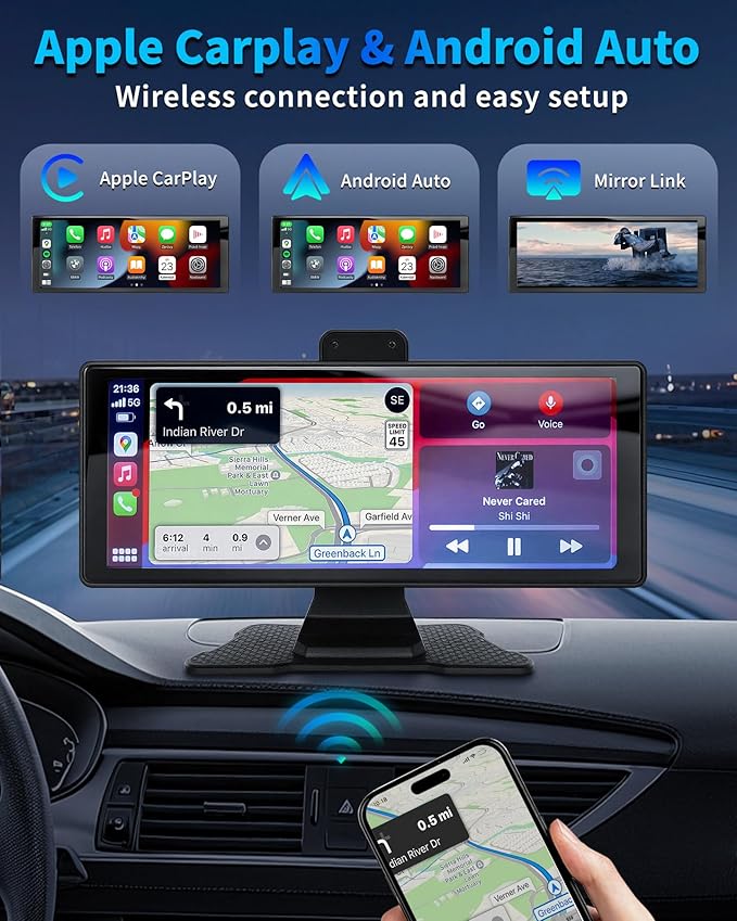 Wireless Carplay Screen for Car 10.26" Portable Touchscreen Car Stereo for Apple Carplay & Android Auto with 4K 360 Rotation Dash Cam & 1080P Backup Camera, Mirror Link, Siri, GPS Navigation, FM