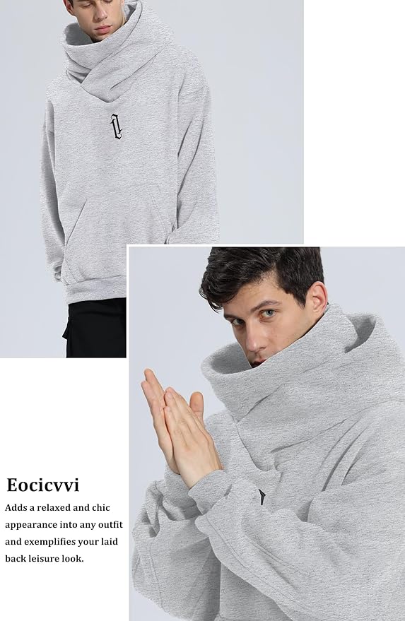 Fleece Hoodies for Men Cowl Neck Sweatshirts Hood with neck Gaiter Casual Pullover Fall Winter with Embroidery