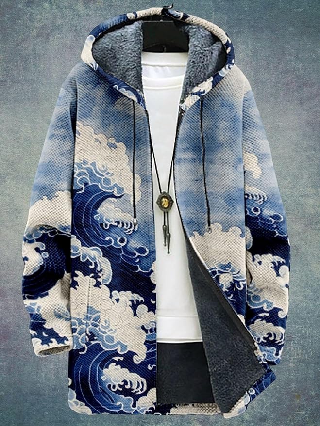 2025 Men's Ethnic Pattern Hooded Jacket Long Cardigan Hoodies Full Zip Vintage Knitted Zipper Coat with Pocket