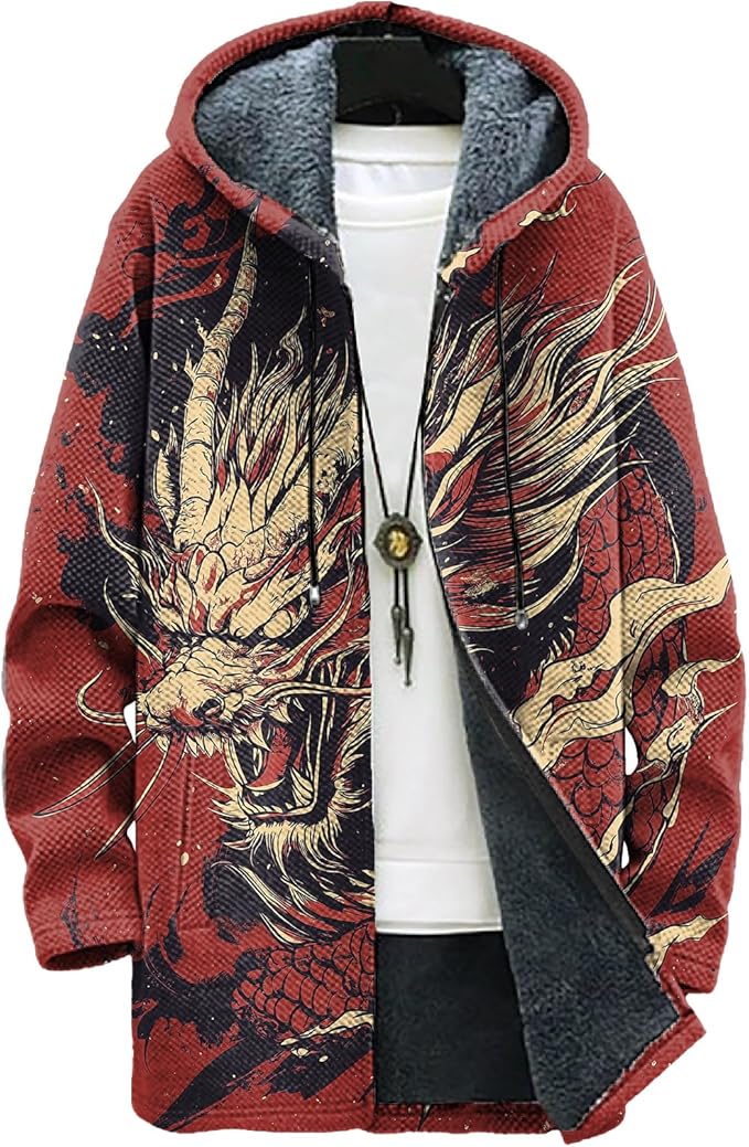 MARSVOVO Long Hooded Cardigan Men Japanese Art Style Fashion Cool Graphic Streetwear Winter Warm Lined Fleece Jacket