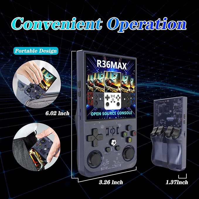 R36MAX 4000mAh Portable Rechargeable Handheld Retro Game Console,Comfort Non-Slip Handheld Standing Retro Game Console with 64G TF Car,4.0-inch Screen,for Office,Purple Gray