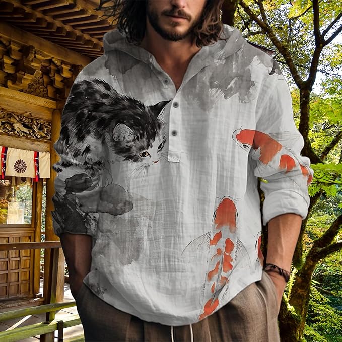 MARSVOVO Hooded Long Sleeve Shirt Men Fashion Graphic Button Up Lightweight Big and Tall Casual Vacation Shirts for Men