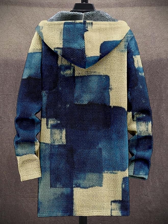 2025 Men's Ethnic Pattern Hooded Jacket Long Cardigan Hoodies Full Zip Vintage Knitted Zipper Coat with Pocket