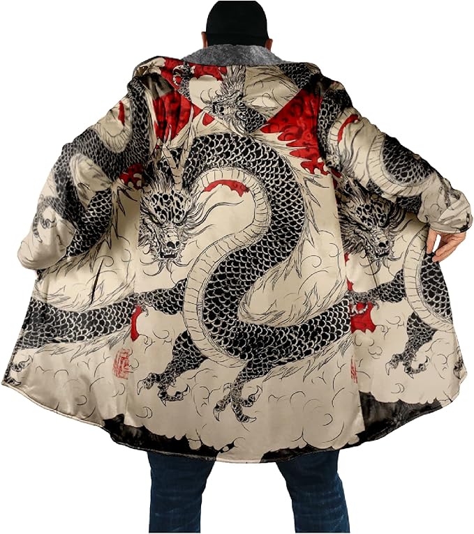 Mens Hooded Cardigan Japanese Art Zip Up Long Sleeve Sweater Hoodie Dragon Print Coat with Pockets