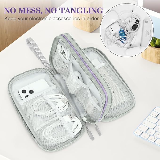 FYY Electronic Organizer, Travel Cable Organizer Bag Pouch Electronic Accessories Carry Case Portable Waterproof Double Layers Storage Bag for Cable, Charger, Phone, Medium Size- Light Purple