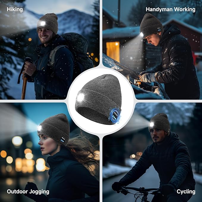Bluetooth Beanie with Light, HD Stereo Sound, USB Rechargeable Headlamp for Hiking Fishing, Gift for Men Women Teen