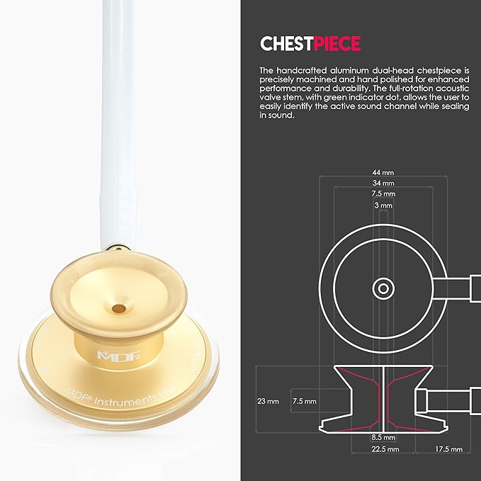 MDF Instruments, Acoustica Lightweight Stethoscope for Doctors, Nurses, Students, Home Health Use, Adult, Dual Head, White Tube, Gold Chestpiece-Headset, MDF747XPK29