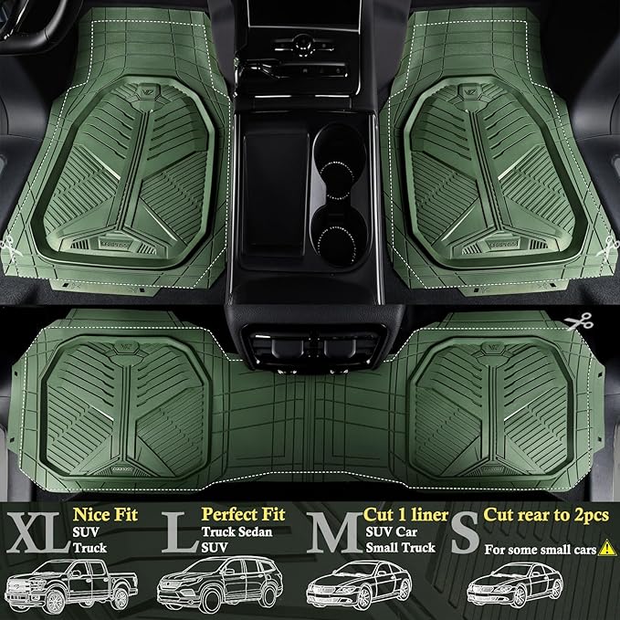 CAR PASS Heavy Duty Rubber Car Mats with Cargo Liner, Deep-Dish Car Floor Mats and Trunk Mat All Weather, Universal Trim-to-Fit for SUVs Trucks Sedans, Waterproof Anti-Slip, Trimmable V12 Olive Green