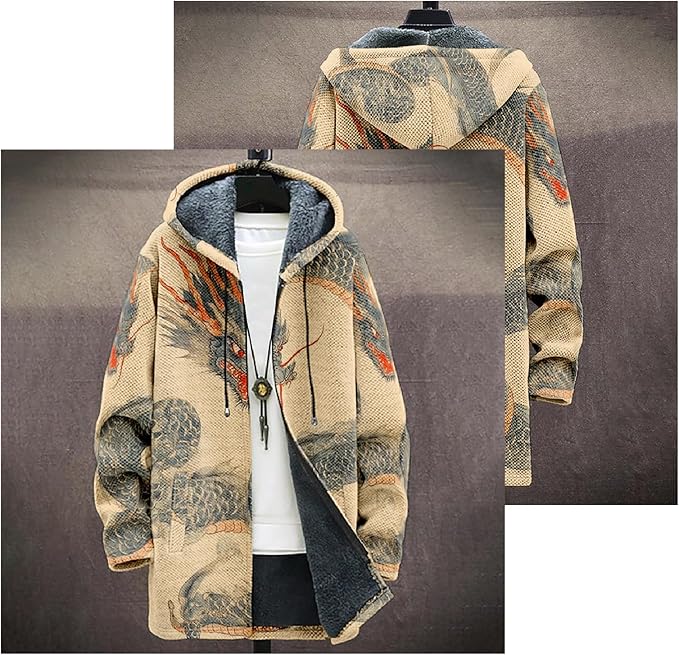 Mens Hooded Cardigan Japanese Art Zip Up Long Sleeve Sweater Hoodie Dragon Print Coat with Pockets