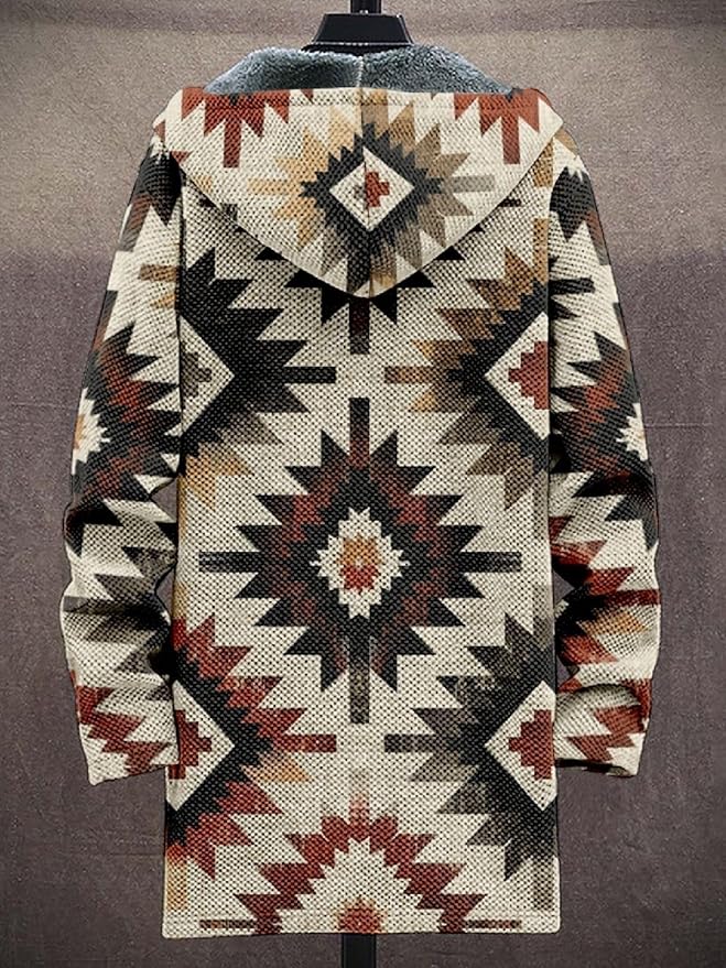 2025 Men's Ethnic Pattern Hooded Jacket Long Cardigan Hoodies Full Zip Vintage Knitted Zipper Coat with Pocket
