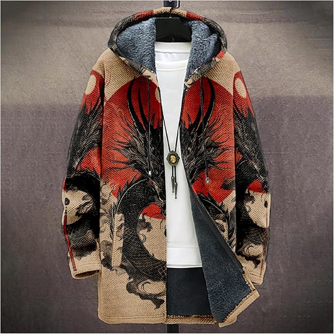 Mens Hooded Cardigan Japanese Art Zip Up Long Sleeve Sweater Hoodie Dragon Print Coat with Pockets
