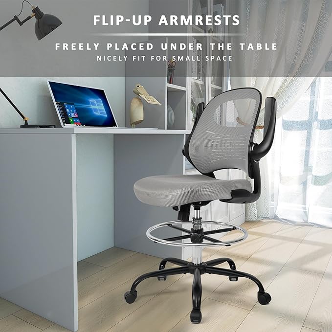 HYLONE Tall Drafting Chair Standing Desk Chair with Flip-Up Armrests, Adjustable Height Ergonomic Office Chair with Footrest Ring - High Stool Chair for Standing Desk（Grey）