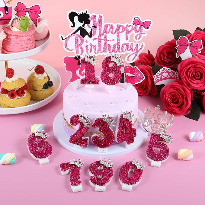 AKURIEEY Hot Pink Birthday Candles Crown Number 1 Candle Birthday Party Decorations Cake Topper Cupcake Decor for Anniversary Celebrations Supplies