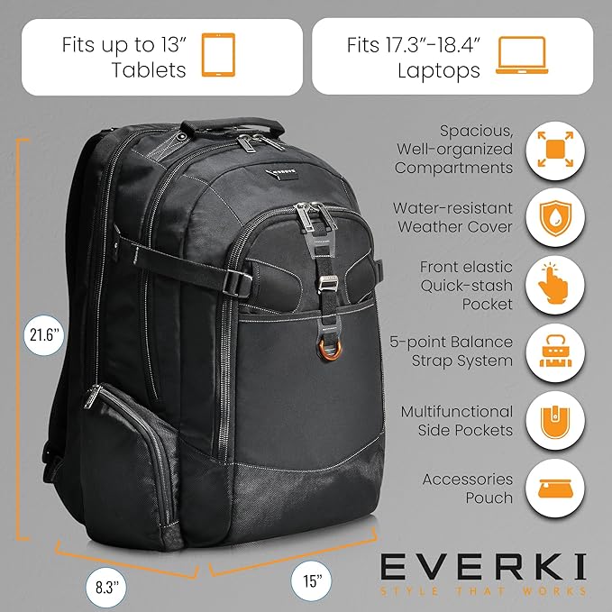 EVERKI Business 120 Laptop Backpack with Rain Cover, 40L Capacity, Large Compartment for Laptops Up to 18.4", 180° Fold-Out Design, Padded Pocket, Durable Design with Multiple Pockets – EKP120 - Black