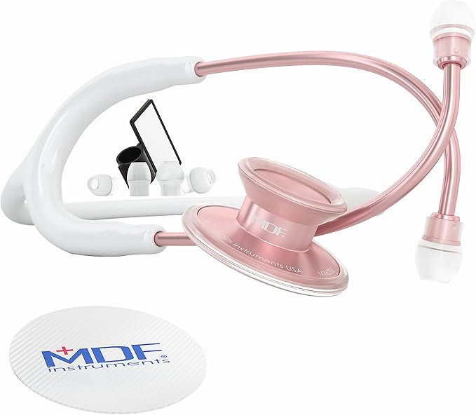 MDF Instruments, Acoustica Lightweight Stethoscope for Doctors, Nurses, Students, Home Health Use, Adult, Dual Head, White Tube, Rosegold (Matte Finish) Chestpiece-Headset, MDF747XPRG29