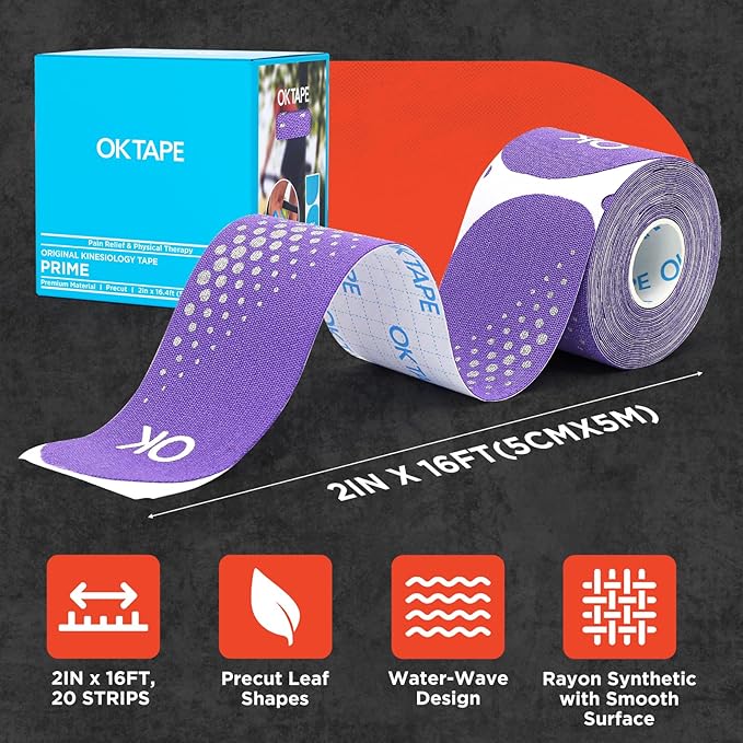 OK TAPE Synthetic Kinesiology Tape Precut Strips, Waterproof Kinesiology Athletic Tape for Joint & Muscle Support, Reflective and Durable Tape, 2in×16.4ft Roll 20PCS | Purple