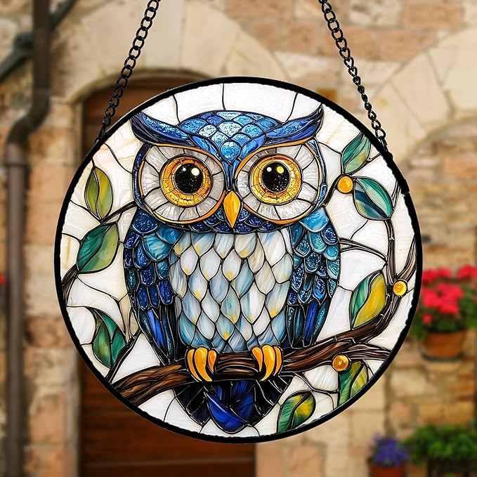 Stained Glass Window Hanging, Owl Gifts for Women Sun Catchers Diamond Glass Panel Hangings Birds Suncatcher Decor for Birthday for Women, Men, Wife, Aunt,and Mom 7.8X7.8IN