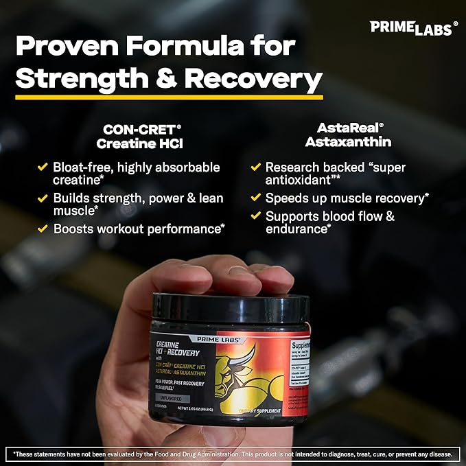 Prime Labs Con-Cret Creatine HCl + AstaReal Astaxanthin Powder (2-Pack) - Creatine HCl, Astaxanthin - Supports Strength, Endurance, and Recovery - Unflavored - 60 Servings