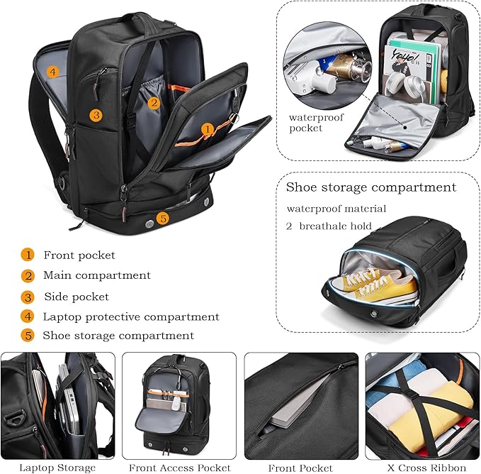 Somago 16 Inch Laptop Backpack Water Resistant Carry On Daypack Backpack Anti Theft Travel Rucksack Backpack with Shoe Compartment Shoulder Strap for Men Women, 33L (Black)