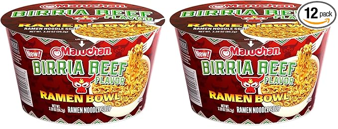 Maruchan Bowl Birria Beef, Microwaveable Ramen Soup Mix, 3.39 Oz, 6 Count (Pack of 2)