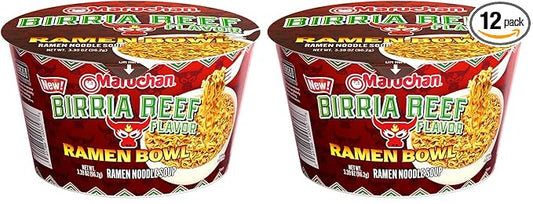 Maruchan Bowl Birria Beef, Microwaveable Ramen Soup Mix, 3.39 Oz, 6 Count (Pack of 2)