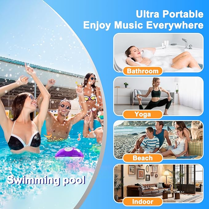 Floating Pool Speakers with Colorful Lights, Built-in Mic & Crystal Clear Sound Bluetooth Pool Speakers, IP68 Waterproof Wireless Hot Tub Speaker for Beach Party Indoor Outdoor Christmas