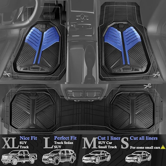 CAR PASS Heavy Duty Rubber Car Mats, Deep-Dish Car Floor Mats All Weather, Universal Two-Tone Trim-to-Fit for SUVs Trucks Sedans, Waterproof Anti-Slip, 3 Pieces V12 Black and Metallic Blue