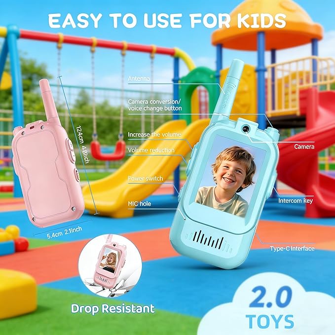 Video Walkie Talkies Toys for Kids Ages 3-12 – Rechargeable USB Two-Way Radios with Camera, 2 Packs Handheld Intercom for Indoor Outdoor Family Games, Camping, Hiking & Birthday Gifts (Blue & Pink)