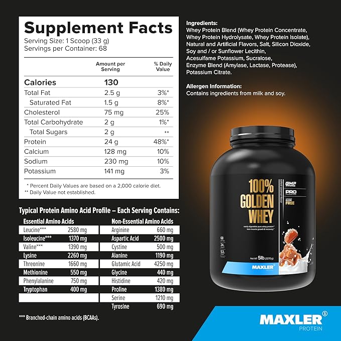 Maxler 100% Golden Whey Protein - 24g of Protein per Serving - Whey Protein Powder for Pre Post Workout - Fast-Absorbing Whey Concentrate, Isolate & Hydrolysate Blend - Salted Caramel 5 lb