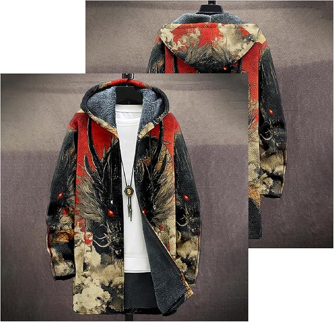 Mens Hooded Cardigan Japanese Art Zip Up Long Sleeve Sweater Hoodie Dragon Print Coat with Pockets