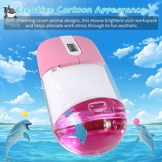 Wireless Mouse -Cute Clear Aqua Design, Water Mouse with Optical Precision, Silent Clicks, Lightweight & Floating Animal Transparent Retro Style for Home Office, Great for Kids & Adult(Dolphin-Pink)