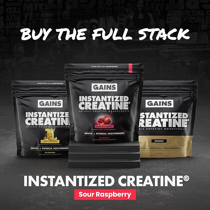 Gains in Bulk Instantized Creatine Monohydrate for Women and Men, Soluble Pre Workout Powder, Supports Muscle Building, Strength and Performance, Bodybuilding Supplements, Sour Raspberry, 30 Servings
