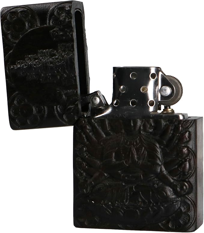 Natural Ebony Black Wood Carved Lighter Shell Box For Zippo Module (Protector Deity /1000 Arms Avalokiteshvara of Goddess)