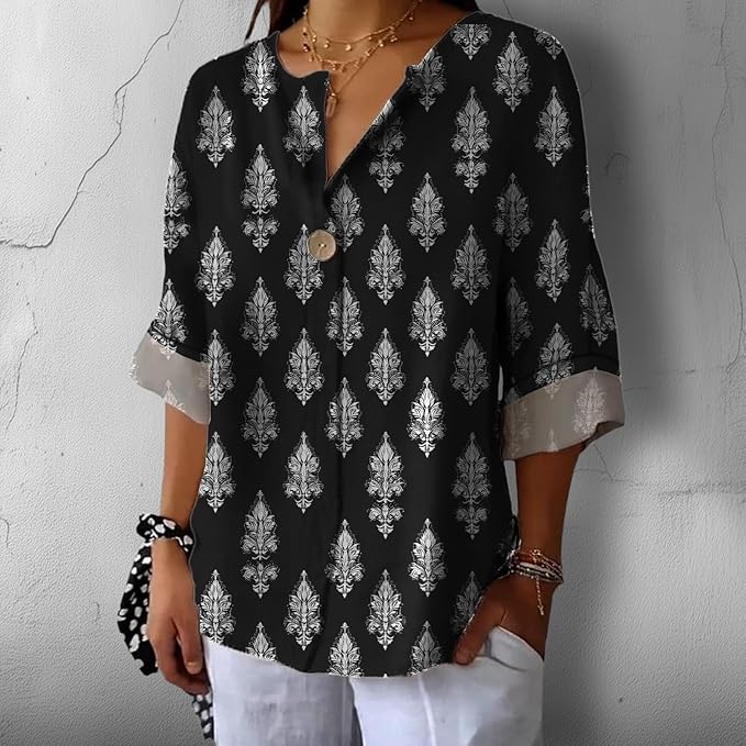 Fashion Shirts for Women Loose Fit Button Down V Neck Blouse 3/4 Sleeves Casual Tunic Tops Summer Outfits